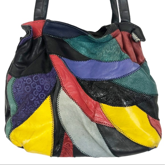 VINTAGE 80s Postmodern Multicolor Leather Patchwork Satchel Shoulder Bag - Picture 4 of 9
